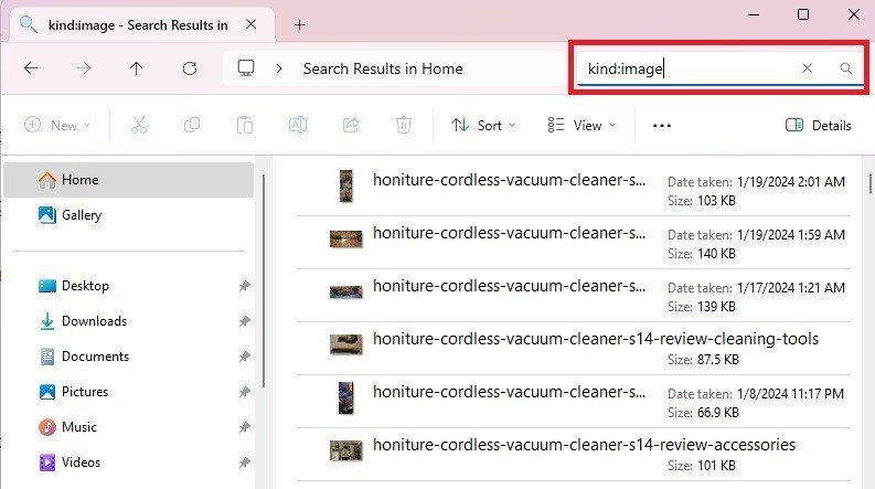 Searching File Explorer for image files using the Kind filter.