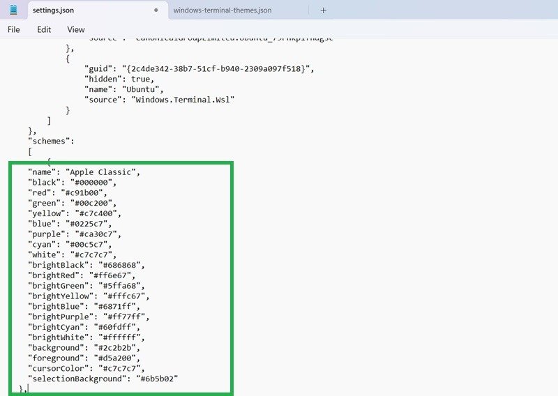 Pasting "Apple Classic" color scheme in the Settings JSON file of Windows Terminal app.