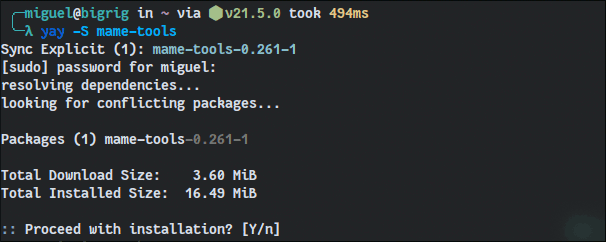 A terminal display showing the installation of MAME tools on Arch Linux using the YAY AUR helper.