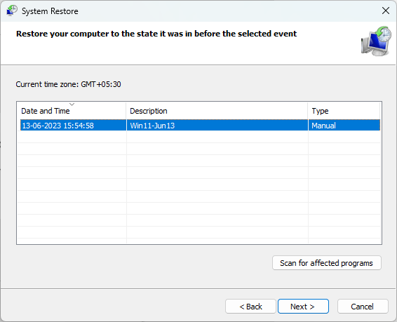 System Restore window ready to start the process.