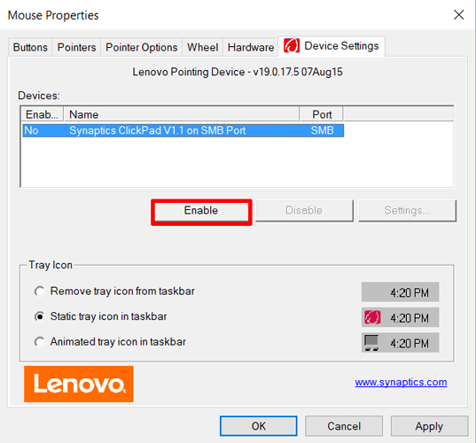 laptop-touchpad-not-working-mouse-properties Mouse properties showing touchpad enable settings