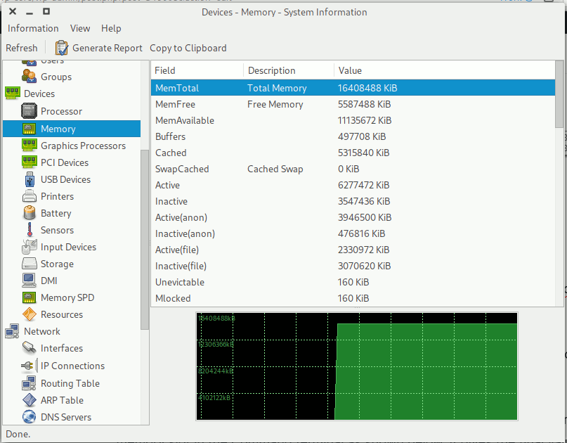 HardInfo giving memory related information for a Linux system.