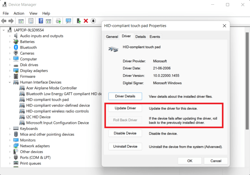 laptop-touchpad-not-working-roll-back-driver Device Manager showing update driver options