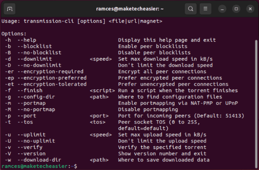 transmission-cli-help-command-page A terminal showing the help screen for Transmission CLI.