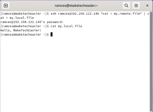 A terminal showing individual file transfer using an SSH pipe in Linux.