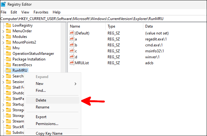 A demonstration of deleting command history from the registry.